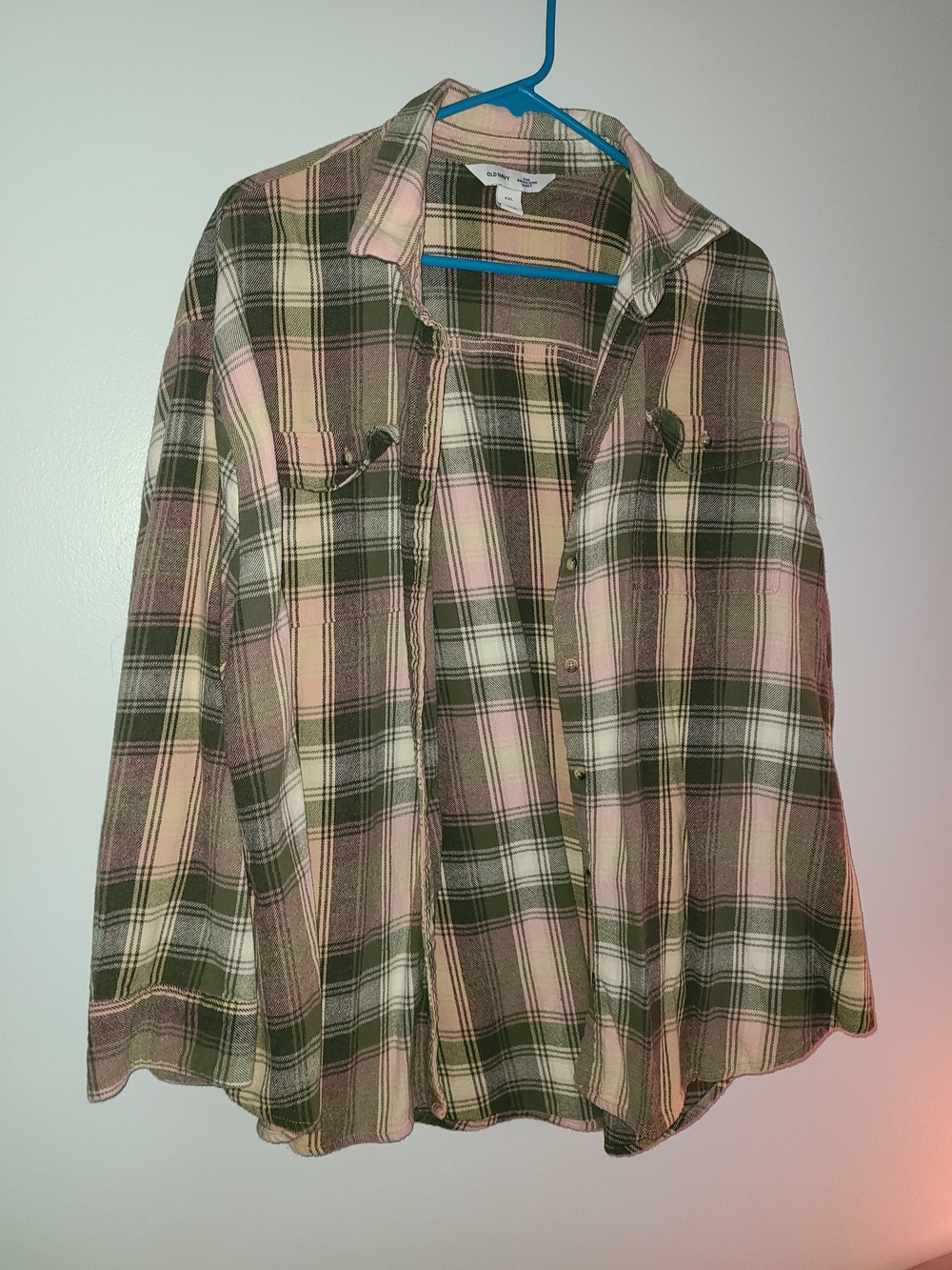Old Navy Olive and Pink Plaid Button-Up Shirt